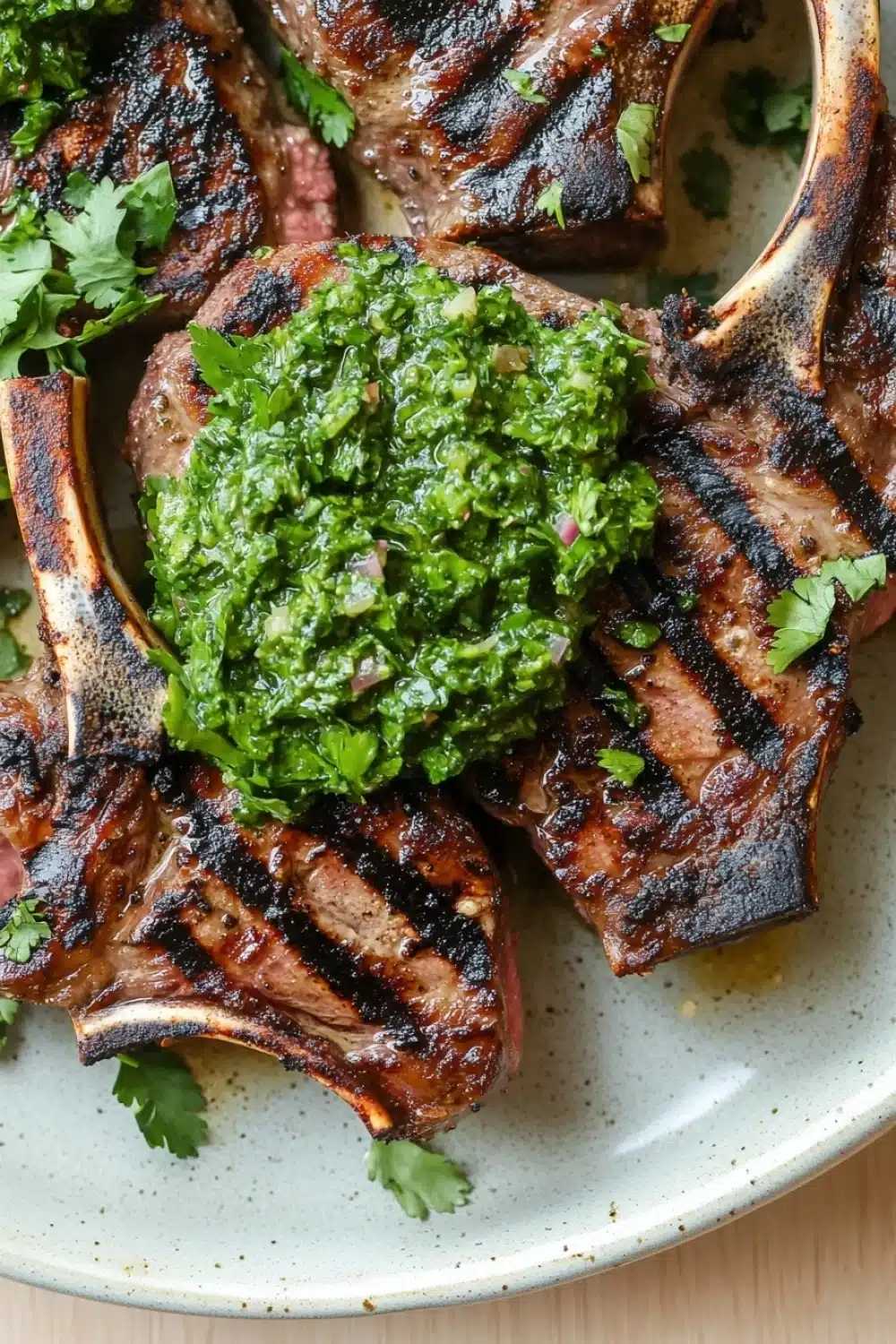 Grilled lamb chops with chimichurri - the image shows a plate of grilled steak with a generous amount of green salsa on top. the steak appears to be medium-rare and has a dark brown crust on the outside and a juicy center. the salsa is made up of chopped cilantro and herbs, and it is drizzled over the top of the steak. the plate is white with a light blue rim, and the steak is arranged in a circular pattern on the plate. the background is a wooden table.