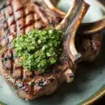 Grilled lamb chops with chimichurri - the image shows two pieces of grilled steak on a green plate. the steak appears to be medium-rare and has a golden brown crust on the outside. on top of the steak, there is a generous amount of chopped green herbs, possibly parsley or cilantro. the plate is sitting on a wooden table with a dark background. the overall presentation of the dish is elegant and appetizing.