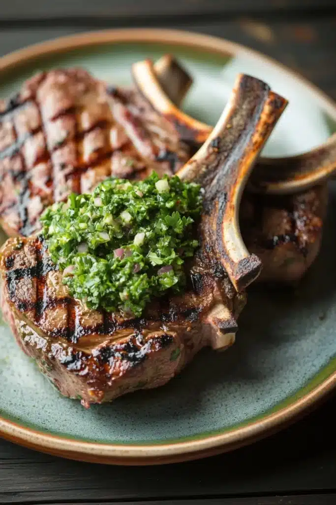 Grilled lamb chops with chimichurri - the image shows two pieces of grilled steak on a green plate. the steak appears to be medium-rare and has a golden brown crust on the outside. on top of the steak, there is a generous amount of chopped green herbs, possibly parsley or cilantro. the plate is sitting on a wooden table with a dark background. the overall presentation of the dish is elegant and appetizing.