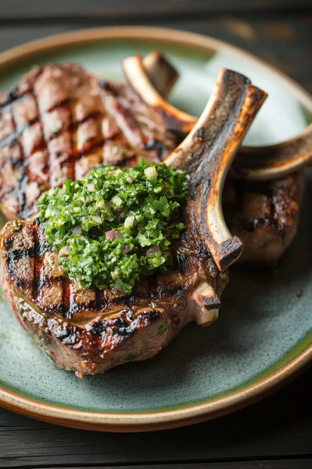 Grilled lamb chops with chimichurri - the image shows two pieces of grilled steak on a green plate. the steak appears to be medium-rare and has a golden brown crust on the outside. on top of the steak, there is a generous amount of chopped green herbs, possibly parsley or cilantro. the plate is sitting on a wooden table with a dark background. the overall presentation of the dish is elegant and appetizing.