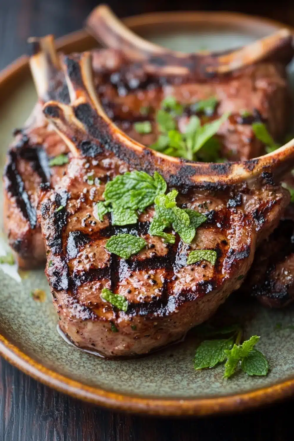 Grilled lamb chops with mint - the image shows a plate of grilled pork chops. the pork chops are cooked to a golden brown color and have a crispy texture. they are garnished with fresh mint leaves, adding a pop of green color to the dish. the plate is made of dark green ceramic and is placed on a wooden table. the background is blurred, making the pork chops the focal point of the image.
