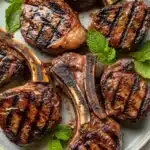 Grilled lamb chops with mint - the image shows a plate of grilled lamb chops. the lamb chops are arranged in a circular pattern on a white plate. they have a dark brown color and appear to be seasoned with herbs and spices. the plate is garnished with fresh mint leaves. the background is blurred, but it appears to be a kitchen countertop.