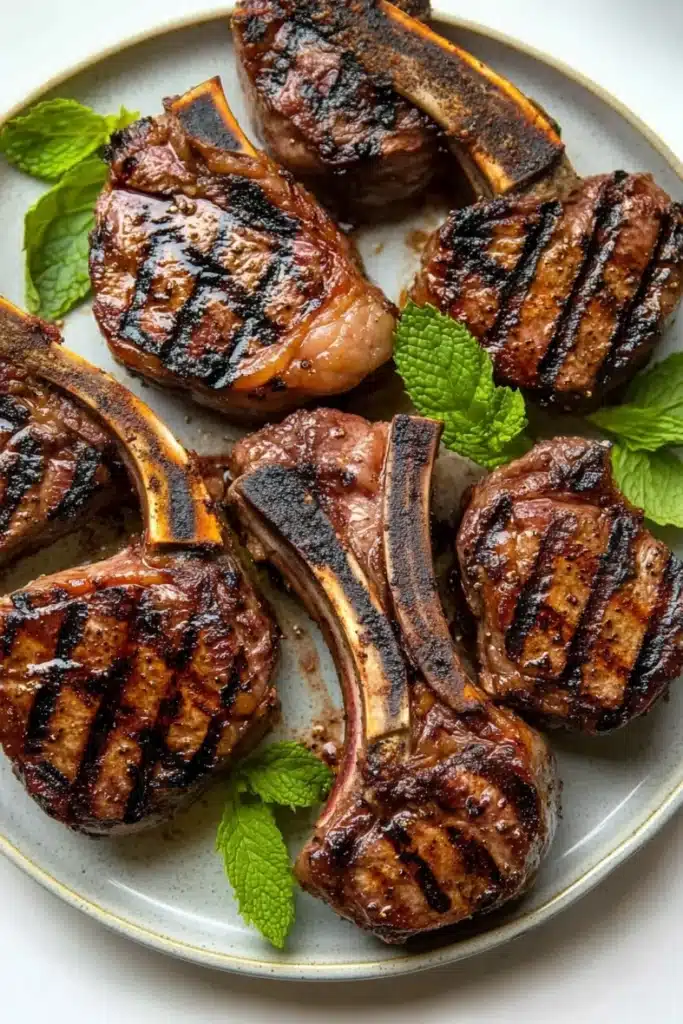 Grilled lamb chops with mint - the image shows a plate of grilled lamb chops. the lamb chops are arranged in a circular pattern on a white plate. they have a dark brown color and appear to be seasoned with herbs and spices. the plate is garnished with fresh mint leaves. the background is blurred, but it appears to be a kitchen countertop.