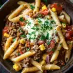 Ground beef and pasta skillet - the image is a close-up of a bowl of pasta dish. the pasta appears to be penne, which is a type of penne pasta. the dish is made with ground beef, diced tomatoes, corn kernels, and other vegetables, and is topped with a generous amount of grated parmesan cheese. the bowl is made of dark brown ceramic and is sitting on a wooden table with a sprig of parsley on the side. the background is blurred, but it seems to be a rustic kitchen countertop.