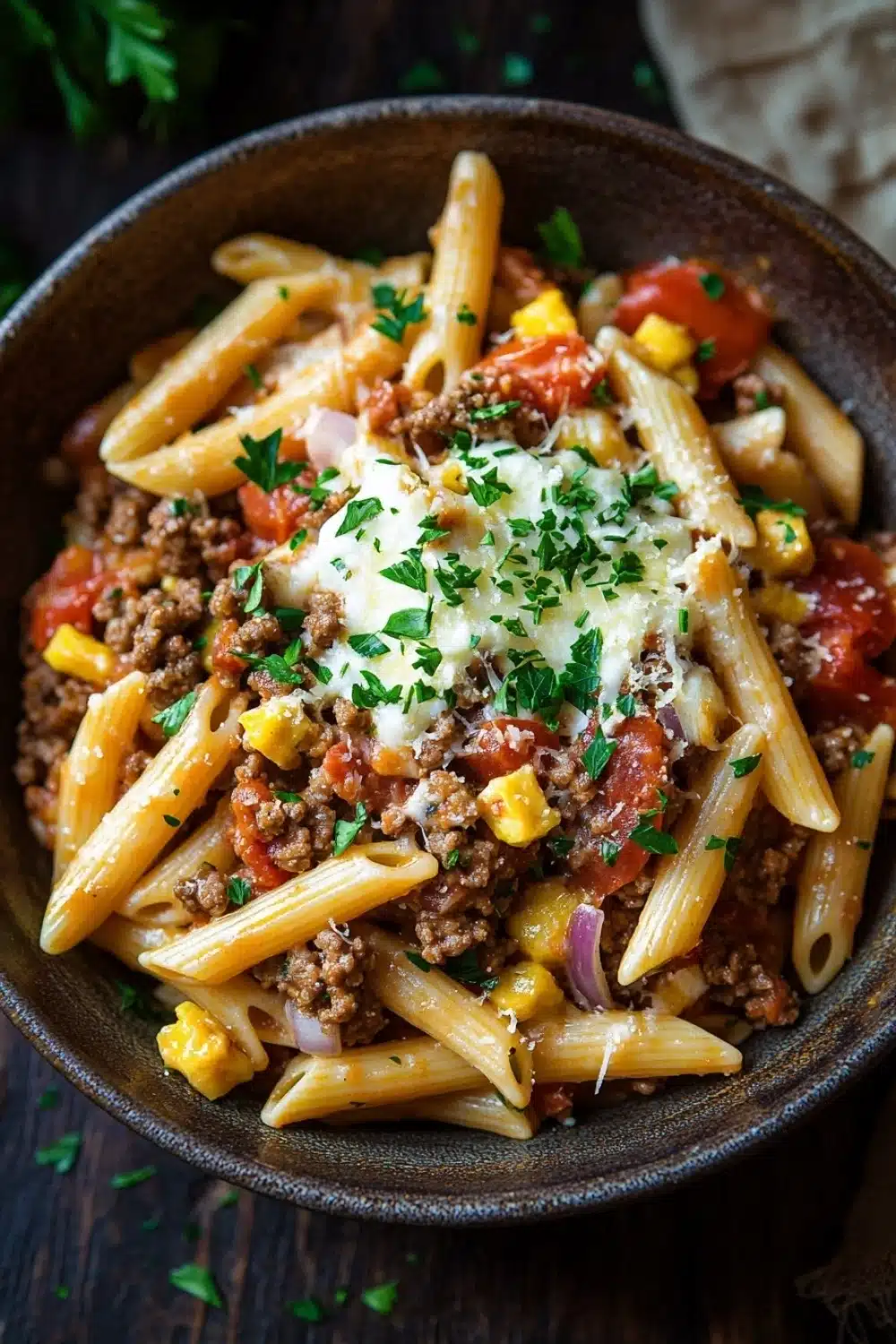 Ground beef and pasta skillet - the image is a close-up of a bowl of pasta dish. the pasta appears to be penne, which is a type of penne pasta. the dish is made with ground beef, diced tomatoes, corn kernels, and other vegetables, and is topped with a generous amount of grated parmesan cheese. the bowl is made of dark brown ceramic and is sitting on a wooden table with a sprig of parsley on the side. the background is blurred, but it seems to be a rustic kitchen countertop.