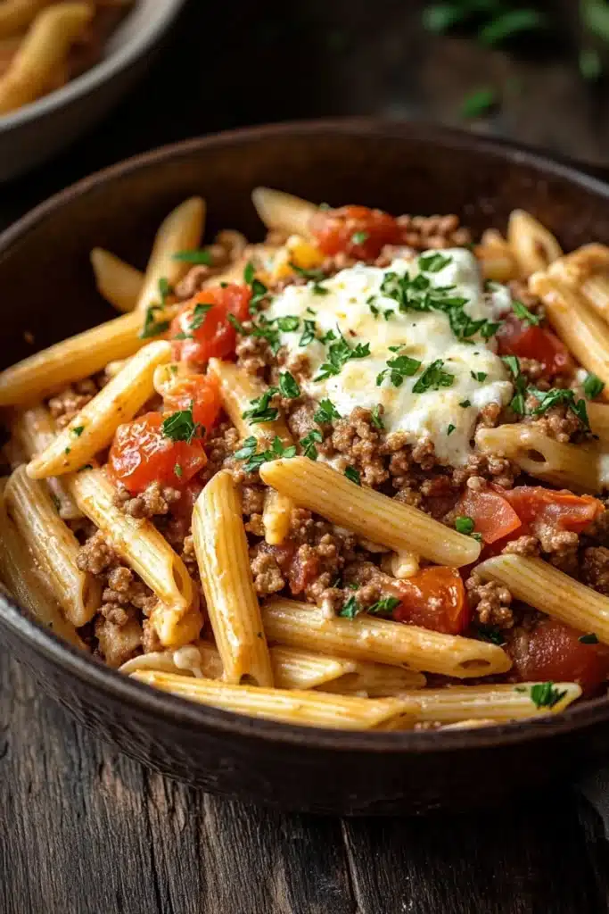 Ground beef and pasta skillet - the image shows a bowl of pasta dish on a wooden table. the pasta appears to be penne, which is a type of penne pasta, and it is topped with ground beef, tomato sauce, and a dollop of sour cream. the dish is garnished with chopped parsley. the bowl is black and has a handle on one side. in the background, there is another bowl of french fries. the overall color scheme of the dish is warm and inviting.
