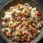 Ground beef and rice - the image is a close-up of a bowl of food. the bowl is made of dark brown ceramic and is placed on a dark grey textured surface. the food in the bowl appears to be a mix of rice, ground beef, diced carrots, peas, and onions. the rice is white and fluffy, and the ground beef is a light brown color. the vegetables are bright orange and green, and they are scattered throughout the dish. the dish looks fresh and appetizing.