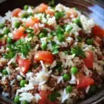 Ground beef and rice - the image is a close-up of a dish in a brown bowl. the dish appears to be a type of rice or rice salad, with chunks of ground beef, diced tomatoes, and green peas mixed in. the rice is white and fluffy, and the vegetables are bright red and green. there are also a few sprigs of fresh parsley scattered throughout the dish. the bowl is sitting on a wooden table, and there is a dark background.