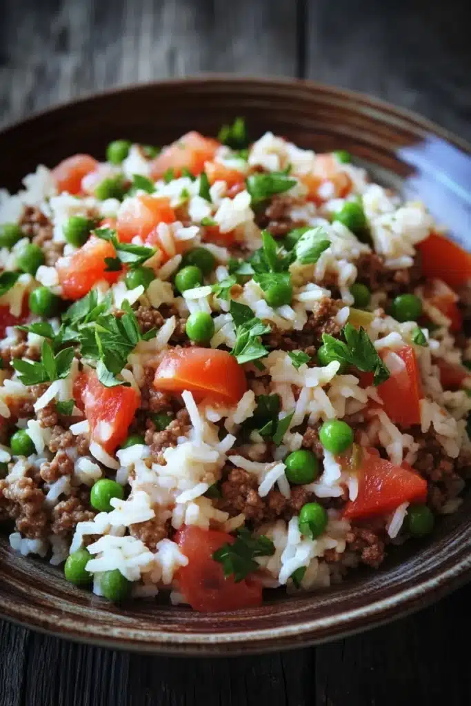 Ground beef and rice - the image is a close-up of a dish in a brown bowl. the dish appears to be a type of rice or rice salad, with chunks of ground beef, diced tomatoes, and green peas mixed in. the rice is white and fluffy, and the vegetables are bright red and green. there are also a few sprigs of fresh parsley scattered throughout the dish. the bowl is sitting on a wooden table, and there is a dark background.