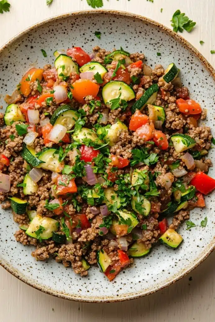 Ground beef and zucchini - the image is a close-up of a bowl of food. the bowl is made of light-colored ceramic with a speckled pattern. the food appears to be a salad with a variety of ingredients, including ground beef, zucchini, tomatoes, onions, and chopped herbs. the vegetables are arranged in a colorful and appetizing manner, with some overlapping each other. the dish is garnished with fresh parsley, adding a pop of green color to the dish. the background is a white wooden surface, and there are a few sprigs of parsley scattered around the bowl.