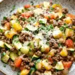 Ground beef and zucchini - the image is a close-up of a bowl of food. the bowl is made of a light-colored ceramic with a speckled pattern. the food appears to be a salad with a variety of vegetables, including zucchini, squash, and cherry tomatoes. the vegetables are mixed together with minced meat and grated parmesan cheese. the meat is a dark brown color and looks to be seasoned with herbs and spices. the dish is garnished with chopped parsley. the background is a white marble countertop.