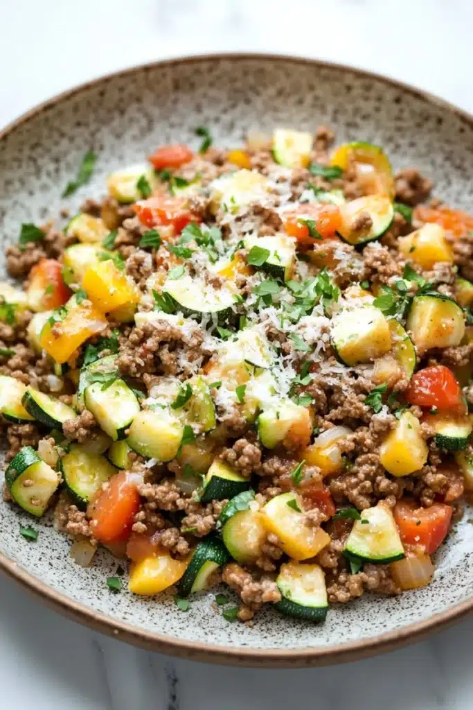 Ground beef and zucchini - the image is a close-up of a bowl of food. the bowl is made of a light-colored ceramic with a speckled pattern. the food appears to be a salad with a variety of vegetables, including zucchini, squash, and cherry tomatoes. the vegetables are mixed together with minced meat and grated parmesan cheese. the meat is a dark brown color and looks to be seasoned with herbs and spices. the dish is garnished with chopped parsley. the background is a white marble countertop.