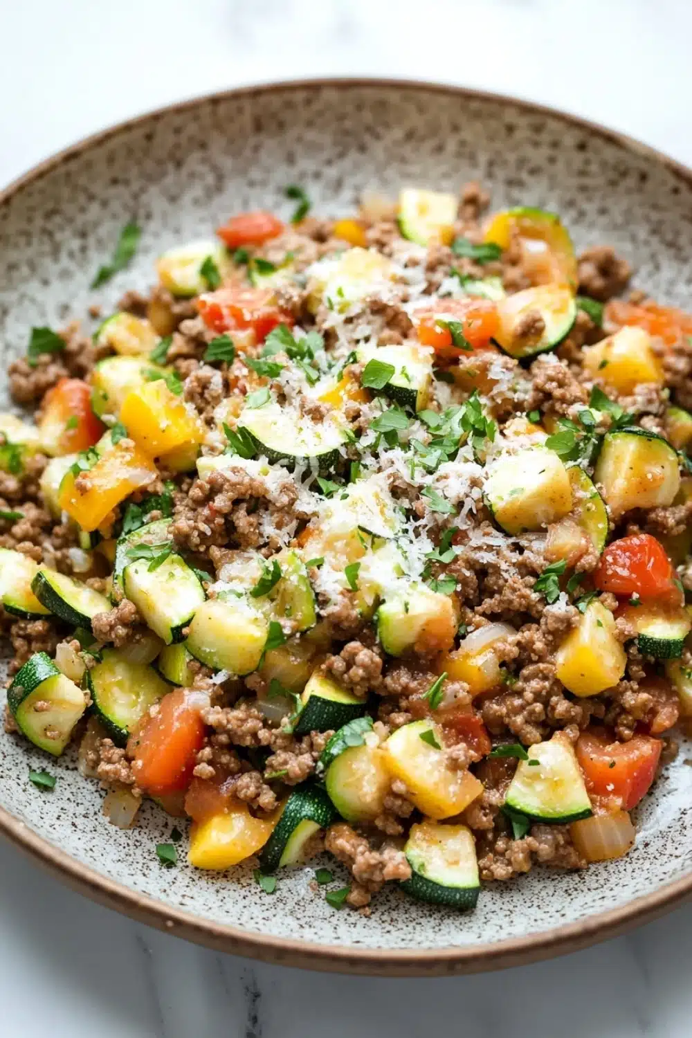 Ground beef and zucchini - the image is a close-up of a bowl of food. the bowl is made of a light-colored ceramic with a speckled pattern. the food appears to be a salad with a variety of vegetables, including zucchini, squash, and cherry tomatoes. the vegetables are mixed together with minced meat and grated parmesan cheese. the meat is a dark brown color and looks to be seasoned with herbs and spices. the dish is garnished with chopped parsley. the background is a white marble countertop.