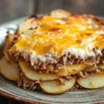 Ground beef casserole with potatoes and cheese - the image shows a plate of food on a wooden table. the plate is round and has a brown rim. on top of the plate, there is a layer of melted cheese on top, which is a golden yellow color. the cheese appears to be melted and bubbly, and it is spread evenly over the top. below the cheese, there are several slices of cooked potatoes arranged in a circular pattern. the potatoes are golden brown and appear to be seasoned with herbs and spices. the dish looks freshly baked and ready to eat.