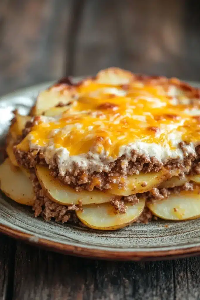 Ground beef casserole with potatoes and cheese - the image shows a plate of food on a wooden table. the plate is round and has a brown rim. on top of the plate, there is a layer of melted cheese on top, which is a golden yellow color. the cheese appears to be melted and bubbly, and it is spread evenly over the top. below the cheese, there are several slices of cooked potatoes arranged in a circular pattern. the potatoes are golden brown and appear to be seasoned with herbs and spices. the dish looks freshly baked and ready to eat.