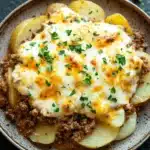 Ground beef casserole with potatoes and cheese - the image shows a plate of food with a dish on it. the dish appears to be a shepherd's pie, with a layer of ground beef and potatoes on top. the potatoes are cut into small cubes and are arranged in a circular pattern on the plate. the top of the dish is covered in melted cheese and sprinkled with chopped parsley. the plate is brown and has a textured surface. the background is a dark grey countertop with a few sprigs of parsley scattered around.