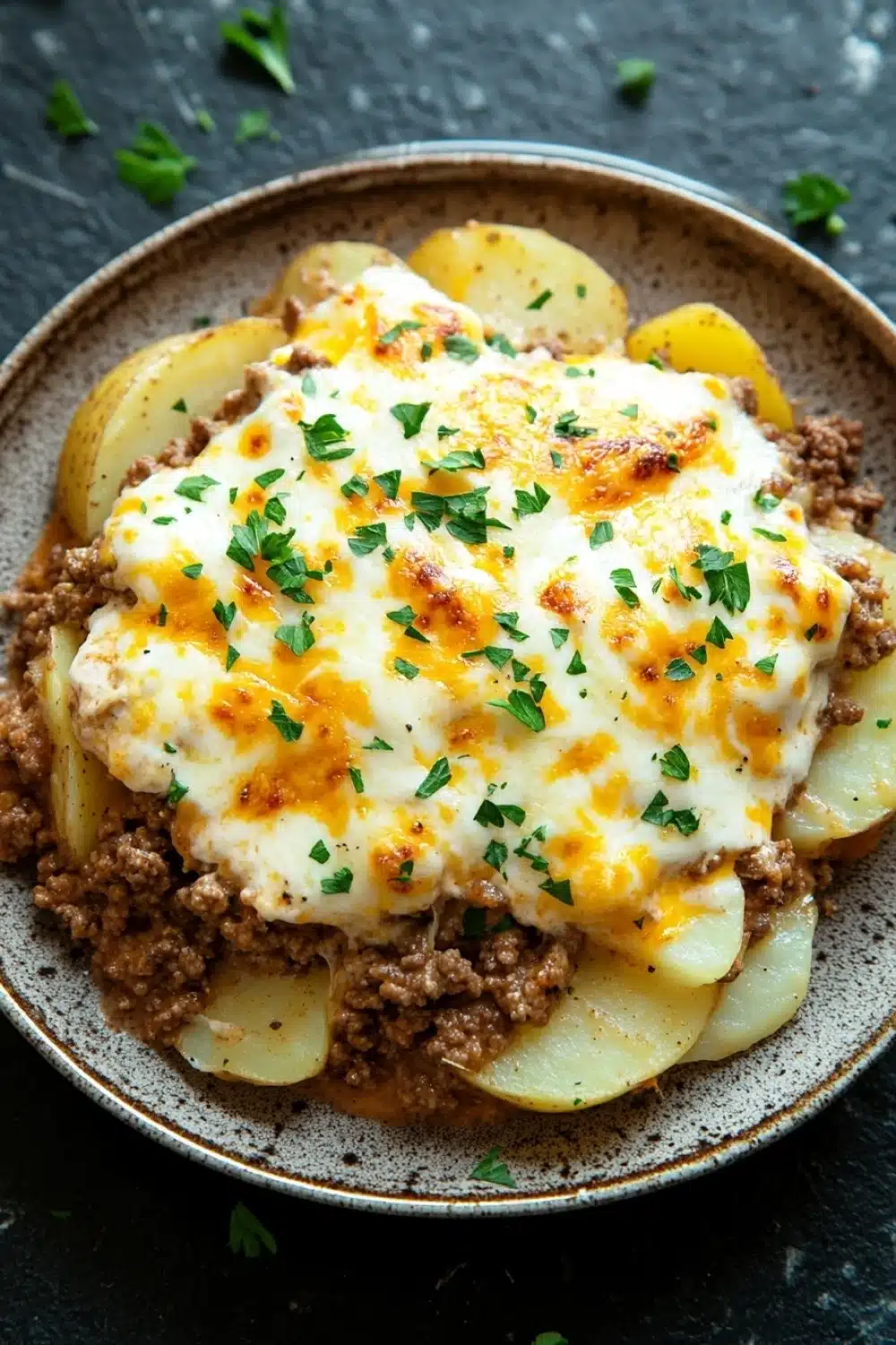 Ground beef casserole with potatoes and cheese - the image shows a plate of food with a dish on it. the dish appears to be a shepherd's pie, with a layer of ground beef and potatoes on top. the potatoes are cut into small cubes and are arranged in a circular pattern on the plate. the top of the dish is covered in melted cheese and sprinkled with chopped parsley. the plate is brown and has a textured surface. the background is a dark grey countertop with a few sprigs of parsley scattered around.