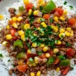 Ground beef for dinner main dishes - the image is a close-up of a plate of food. the plate is round and has a light brown color with a speckled pattern. the food appears to be a dish made with ground beef, diced tomatoes, corn kernels, and green bell peppers. the rice is white and fluffy, and the dish is garnished with chopped parsley. the background is a wooden table.