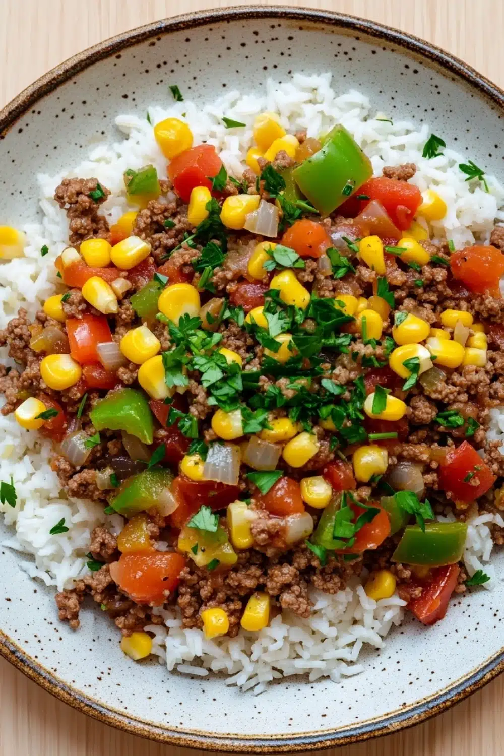 Ground beef for dinner main dishes - the image is a close-up of a plate of food. the plate is round and has a light brown color with a speckled pattern. the food appears to be a dish made with ground beef, diced tomatoes, corn kernels, and green bell peppers. the rice is white and fluffy, and the dish is garnished with chopped parsley. the background is a wooden table.