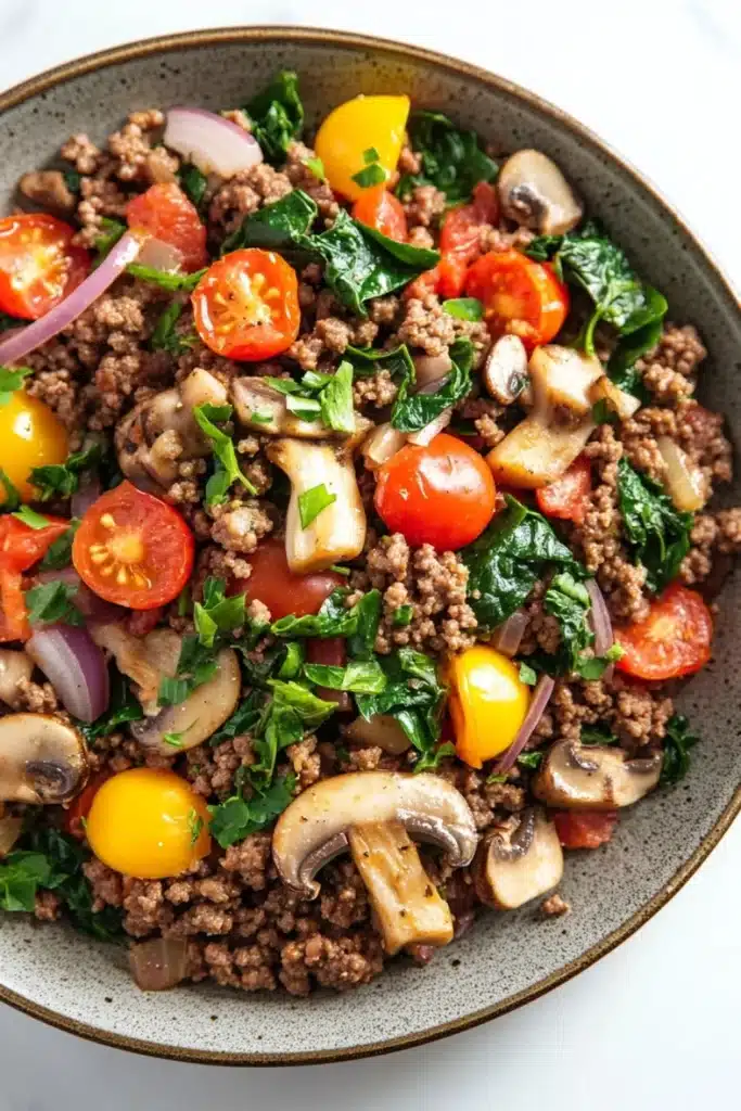 Ground beef for dinner main dishes - the image is a close-up of a bowl of food. the bowl is made of dark brown ceramic and is placed on a white marble countertop. the food appears to be a salad with a variety of ingredients, including diced tomatoes, sliced mushrooms, red onions, and green leafy vegetables. the tomatoes are bright red and appear to be ripe and juicy, while the mushrooms are sliced and have a light brown color. the greens are a mix of green and red, and they are scattered throughout the dish. the dish looks fresh and appetizing.