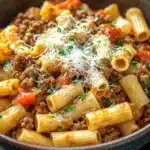 Ground beef with pasta - the image shows a bowl of penne pasta dish. the pasta is cooked al dente and is topped with ground beef, tomato sauce, and grated parmesan cheese. the dish is garnished with fresh parsley. the bowl is sitting on a wooden table with a few sprigs of parsley scattered around it. the background is blurred, but it appears to be a kitchen countertop.