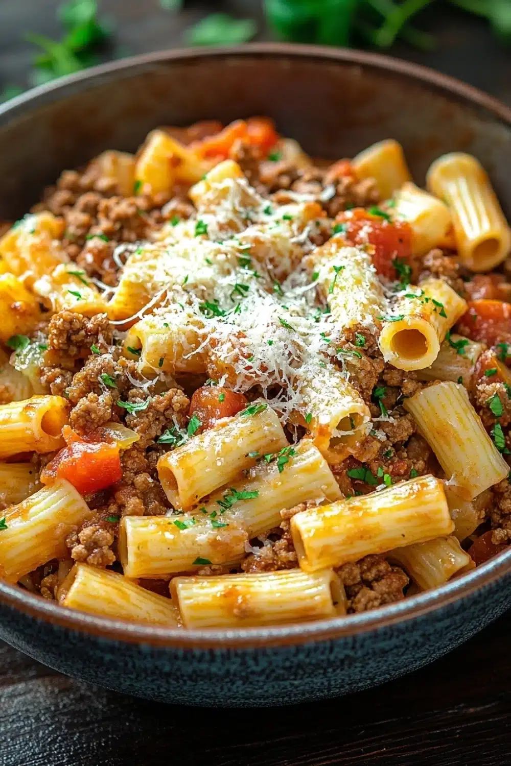 Ground beef with pasta - the image shows a bowl of penne pasta dish. the pasta is cooked al dente and is topped with ground beef, tomato sauce, and grated parmesan cheese. the dish is garnished with fresh parsley. the bowl is sitting on a wooden table with a few sprigs of parsley scattered around it. the background is blurred, but it appears to be a kitchen countertop.
