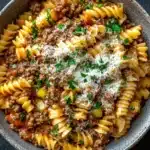 Ground beef with pasta - the image is a close-up of a bowl of pasta dish. the pasta appears to be fusilli, which is a type of spiral-shaped pasta. the dish is made with ground beef, tomato sauce, and chunks of meat. the meat is cooked in a tomato-based sauce and is garnished with chopped parsley. there is also a sprinkle of grated parmesan cheese on top of the dish, adding a pop of green color. the bowl is made of ceramic and is sitting on a dark grey countertop.
