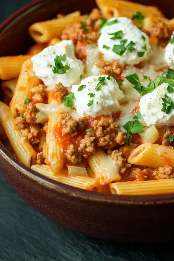 Ground turkey for dinner casseroles pasta - the image is a close-up of a bowl of pasta dish. the pasta appears to be penne, which is a type of penne pasta, and it is cooked in a tomato-based sauce. the dish is topped with chunks of ground meat, possibly ground beef, and a dollop of sour cream. the sauce is a deep red color and is drizzled over the top of the pasta. there are also a few sprigs of fresh parsley scattered throughout the dish, adding a pop of green color. the bowl is made of dark brown ceramic and is sitting on a dark blue surface.