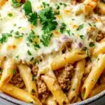 Ground turkey for dinner casseroles pasta - the image shows a bowl of penne pasta dish. the pasta is cooked al dente and is topped with a layer of ground beef and melted cheese. the dish is garnished with fresh parsley and red onions. the bowl is made of ceramic and is sitting on a white marble countertop.