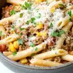Ground turkey for dinner pasta - the image is a close-up of a bowl of pasta dish. the pasta appears to be penne, which is a type of penne pasta, and it is cooked in a tomato-based sauce with chunks of ground meat, corn kernels, and tomato sauce. the dish is garnished with chopped parsley and grated parmesan cheese. the bowl is made of ceramic and is sitting on a white marble countertop. there are a few sprigs of parsley scattered around the bowl.