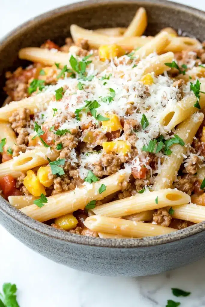 Ground turkey for dinner pasta - the image is a close-up of a bowl of pasta dish. the pasta appears to be penne, which is a type of penne pasta, and it is cooked in a tomato-based sauce with chunks of ground meat, corn kernels, and tomato sauce. the dish is garnished with chopped parsley and grated parmesan cheese. the bowl is made of ceramic and is sitting on a white marble countertop. there are a few sprigs of parsley scattered around the bowl.