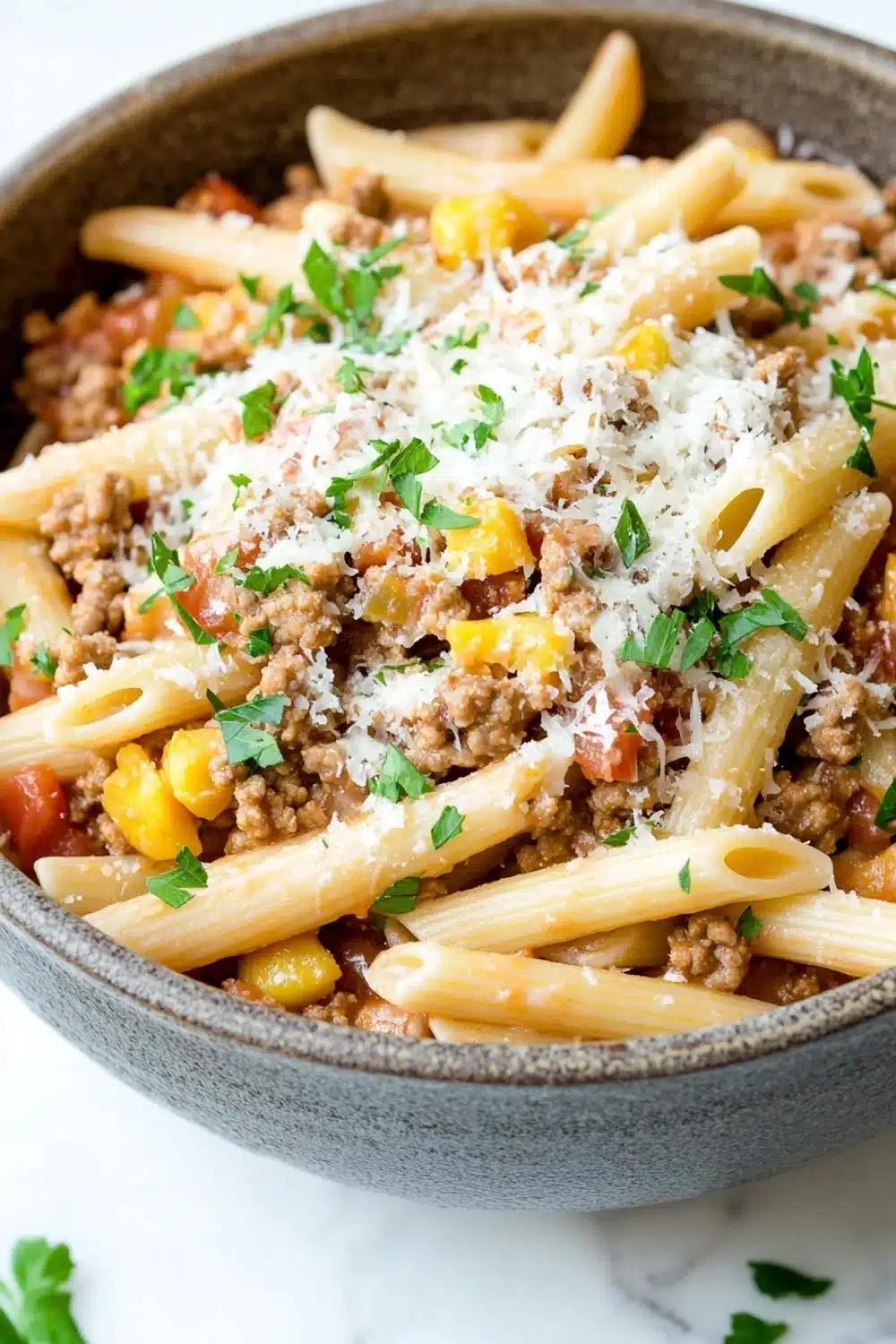 Ground turkey for dinner pasta - the image is a close-up of a bowl of pasta dish. the pasta appears to be penne, which is a type of penne pasta, and it is cooked in a tomato-based sauce with chunks of ground meat, corn kernels, and tomato sauce. the dish is garnished with chopped parsley and grated parmesan cheese. the bowl is made of ceramic and is sitting on a white marble countertop. there are a few sprigs of parsley scattered around the bowl.