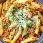 Ground turkey for dinner pasta - the image is a close-up of a bowl of pasta dish. the pasta appears to be penne, which is a type of penne pasta, and it is cooked in a tomato-based sauce with chunks of ground meat and tomato sauce. the dish is garnished with chopped parsley and grated parmesan cheese. the bowl is made of ceramic and has a dark blue rim. the background is white, making the colors of the dish stand out.