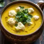 Healing turmeric cauliflower soup - the image is a close-up of a bowl of soup or stew. the bowl is made of ceramic and has a handle on one side. the soup is a bright orange color and appears to be thick and creamy. on top of the soup, there are several small white cauliflower pieces arranged in a circular pattern. the cauliflower is garnished with a sprig of fresh cilantro. the background is a dark wooden table with a few sprigs of parsley scattered around. the overall mood of the image is warm and inviting.