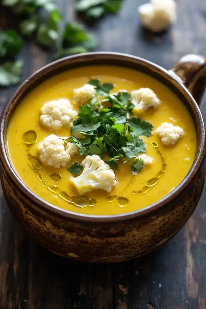 Healing turmeric cauliflower soup - the image is a close-up of a bowl of soup or stew. the bowl is made of ceramic and has a handle on one side. the soup is a bright orange color and appears to be thick and creamy. on top of the soup, there are several small white cauliflower pieces arranged in a circular pattern. the cauliflower is garnished with a sprig of fresh cilantro. the background is a dark wooden table with a few sprigs of parsley scattered around. the overall mood of the image is warm and inviting.