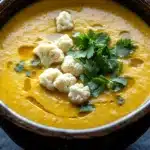 Healing turmeric cauliflower soup - the image is a close-up of a bowl of orange-colored soup. the soup appears to be thick and creamy, with chunks of cauliflower visible in the center. the bowl is made of ceramic and has a dark brown rim. on top of the soup, there is a sprig of fresh cilantro, adding a pop of green color to the dish. the background is a dark grey countertop.