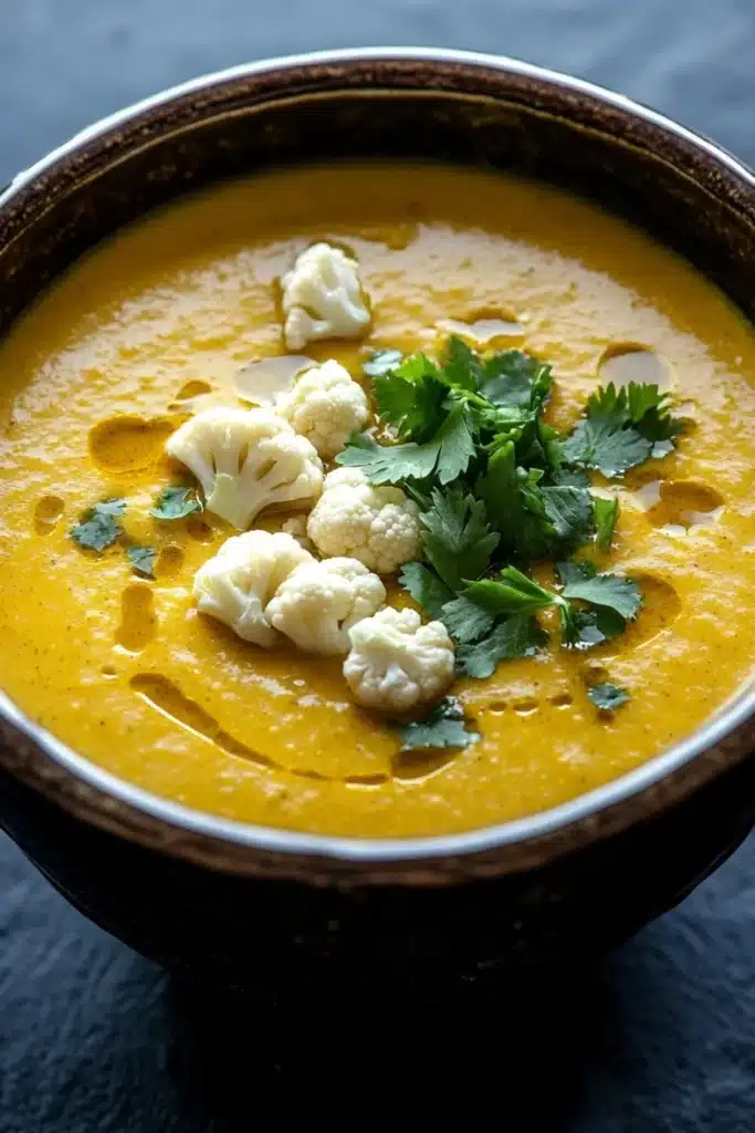 Healing turmeric cauliflower soup - the image is a close-up of a bowl of orange-colored soup. the soup appears to be thick and creamy, with chunks of cauliflower visible in the center. the bowl is made of ceramic and has a dark brown rim. on top of the soup, there is a sprig of fresh cilantro, adding a pop of green color to the dish. the background is a dark grey countertop.