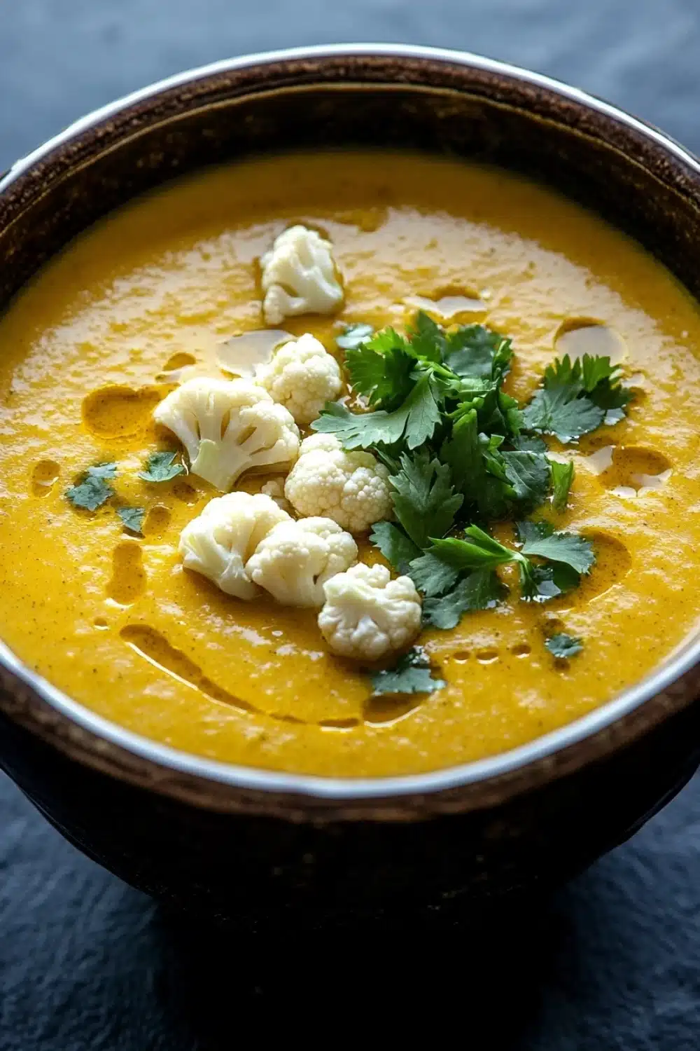 Healing turmeric cauliflower soup - the image is a close-up of a bowl of orange-colored soup. the soup appears to be thick and creamy, with chunks of cauliflower visible in the center. the bowl is made of ceramic and has a dark brown rim. on top of the soup, there is a sprig of fresh cilantro, adding a pop of green color to the dish. the background is a dark grey countertop.