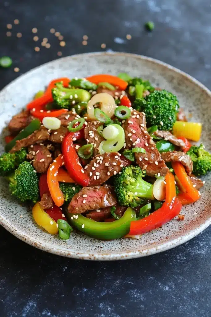 High protein beef stir fry - the image is a close-up of a plate of stir-fry with beef and vegetables. the plate is round and has a light brown color with a speckled pattern. the beef is sliced into small pieces and is covered in sesame seeds. the vegetables include broccoli, red bell peppers, yellow bell peppers and green onions. the dish is garnished with sesame seed. the background is a dark grey countertop with small speckles scattered around.