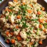 High protein chicken and rice - the image is a close-up of a plate of fried rice with chicken and vegetables. the rice is a light brown color and appears to be seasoned with herbs and spices. the chicken is cut into small pieces and is scattered throughout the dish. there are also small pieces of carrots, peas, and carrots mixed in with the rice. the dish is garnished with a sprig of fresh parsley. the plate is sitting on a white marble countertop.
