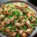 High protein chicken and rice - the image shows a plate of fried rice with chicken and peas. the rice is a light brown color and appears to be seasoned with herbs and spices. the chicken is cut into small cubes and is scattered throughout the dish. the peas are bright green and look fresh and vibrant. the dish is garnished with a sprig of fresh parsley. the plate is sitting on a dark grey countertop and there is a small bowl of green peas in the background.