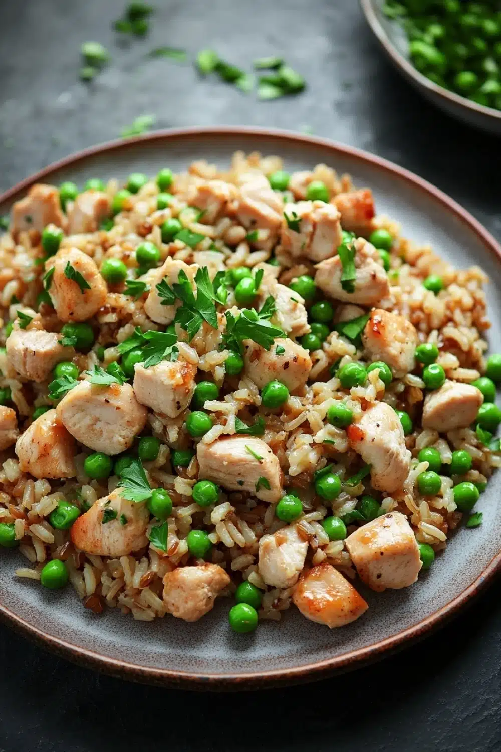 High protein chicken and rice - the image shows a plate of fried rice with chicken and peas. the rice is a light brown color and appears to be seasoned with herbs and spices. the chicken is cut into small cubes and is scattered throughout the dish. the peas are bright green and look fresh and vibrant. the dish is garnished with a sprig of fresh parsley. the plate is sitting on a dark grey countertop and there is a small bowl of green peas in the background.