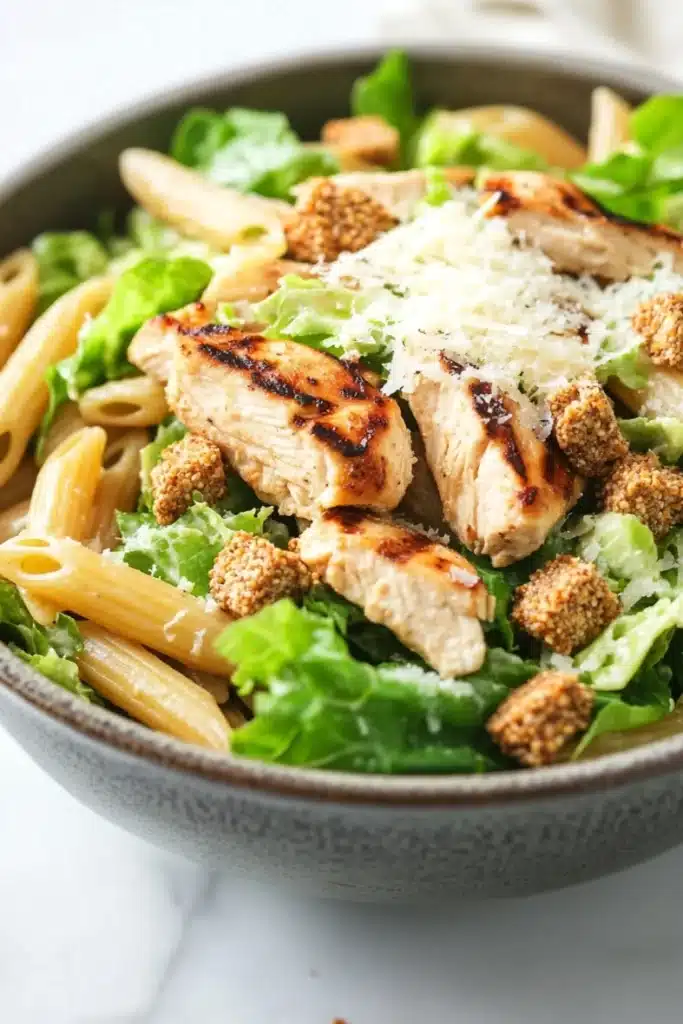 High protein chicken caesar pasta salad - the image is a close-up of a bowl of pasta salad. the bowl is made of dark grey ceramic and is placed on a white marble countertop. the salad is made up of long, thin penne pasta, mixed greens, and crumbled chicken. the chicken is cooked to a golden brown color and appears to be seasoned with herbs and spices. there are also crumbled parmesan cheese scattered throughout the salad, adding a crunchy texture. the overall appearance of the dish is fresh and appetizing.