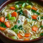 High protein chicken orzo soup - the image is a close-up of a bowl of soup. the soup appears to be a type of noodle soup with chunks of chicken, carrots, celery, and other vegetables mixed in. the bowl is made of ceramic and is sitting on a dark wooden table. there are a few sprigs of parsley scattered around the bowl, adding a pop of green color to the dish. the background is blurred, making the bowl the focal point of the image.