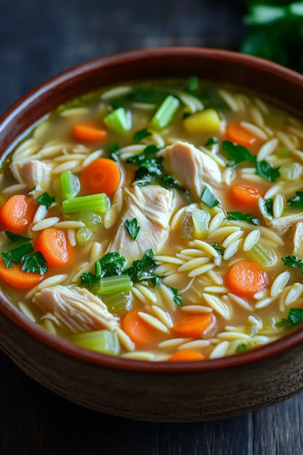 High protein chicken orzo soup - the image is a close-up of a bowl of soup. the soup appears to be a type of noodle soup with chunks of chicken, carrots, celery, and other vegetables mixed in. the bowl is made of ceramic and is sitting on a dark wooden table. there are a few sprigs of parsley scattered around the bowl, adding a pop of green color to the dish. the background is blurred, making the bowl the focal point of the image.