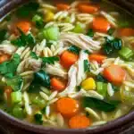 High protein chicken orzo soup - the image is a close-up of a bowl of soup. the soup appears to be a type of noodle soup with chunks of chicken, carrots, celery, and other vegetables mixed in. the bowl is made of ceramic and is sitting on a wooden table. the broth is a light yellow color and the vegetables are a mix of orange, green, and yellow. there are also some sprigs of parsley scattered throughout the soup, adding a pop of green color to the dish. the background is blurred, but it seems to be an indoor setting with a white cloth napkin visible on the side.
