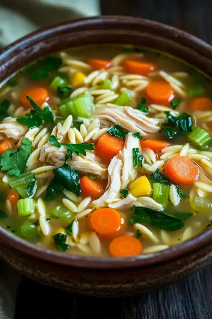 High protein chicken orzo soup - the image is a close-up of a bowl of soup. the soup appears to be a type of noodle soup with chunks of chicken, carrots, celery, and other vegetables mixed in. the bowl is made of ceramic and is sitting on a wooden table. the broth is a light yellow color and the vegetables are a mix of orange, green, and yellow. there are also some sprigs of parsley scattered throughout the soup, adding a pop of green color to the dish. the background is blurred, but it seems to be an indoor setting with a white cloth napkin visible on the side.