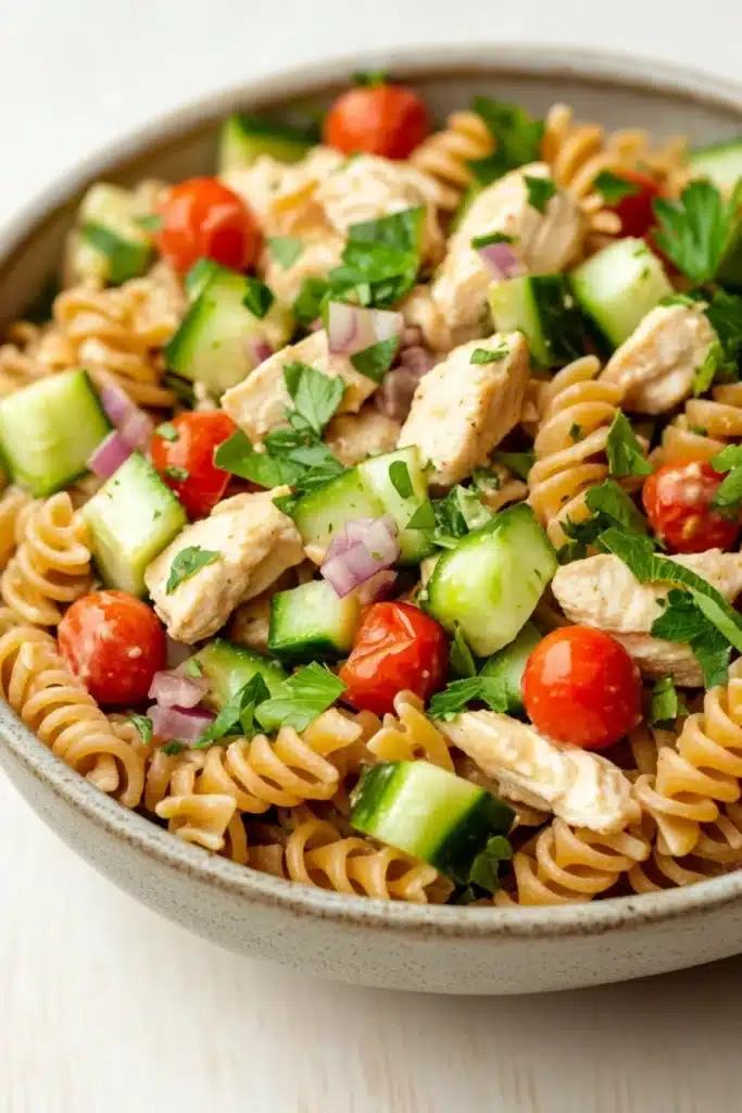 High protein chicken pasta salad - the image is a close-up of a bowl of pasta salad. the bowl is made of light-colored ceramic and is sitting on a white wooden table. the pasta salad is made up of spiral pasta, sliced cucumbers, cherry tomatoes, red onions, and chunks of chicken. the chicken is cooked to a golden brown color and appears to be seasoned with herbs and spices. the salad is garnished with fresh cilantro leaves. the overall appearance of the dish is colorful and appetizing.