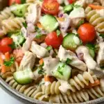 High protein chicken pasta salad - the image is a close-up of a bowl of pasta salad. the bowl is made of ceramic and has a light brown color. the pasta is fusilli, which is a type of spiral-shaped pasta, and it is mixed with diced tomatoes, cucumbers, carrots, and red onions. the salad is garnished with chopped parsley and a dollop of creamy dressing. the dressing appears to be a creamy white color and is drizzled over the top of the pasta. the background is blurred, but it seems to be an indoor setting.