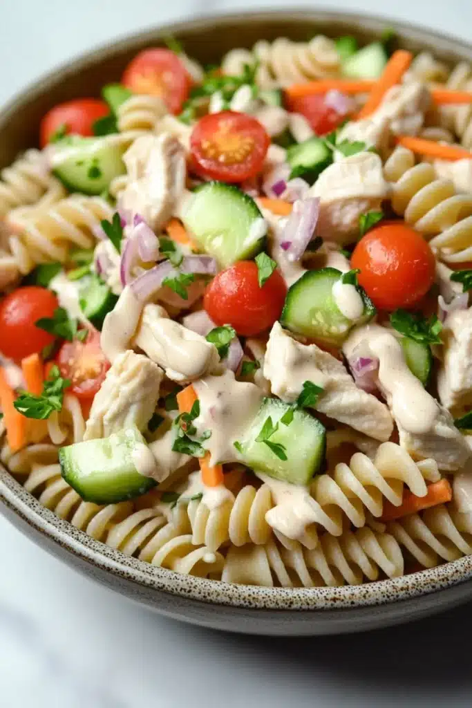 High protein chicken pasta salad - the image is a close-up of a bowl of pasta salad. the bowl is made of ceramic and has a light brown color. the pasta is fusilli, which is a type of spiral-shaped pasta, and it is mixed with diced tomatoes, cucumbers, carrots, and red onions. the salad is garnished with chopped parsley and a dollop of creamy dressing. the dressing appears to be a creamy white color and is drizzled over the top of the pasta. the background is blurred, but it seems to be an indoor setting.